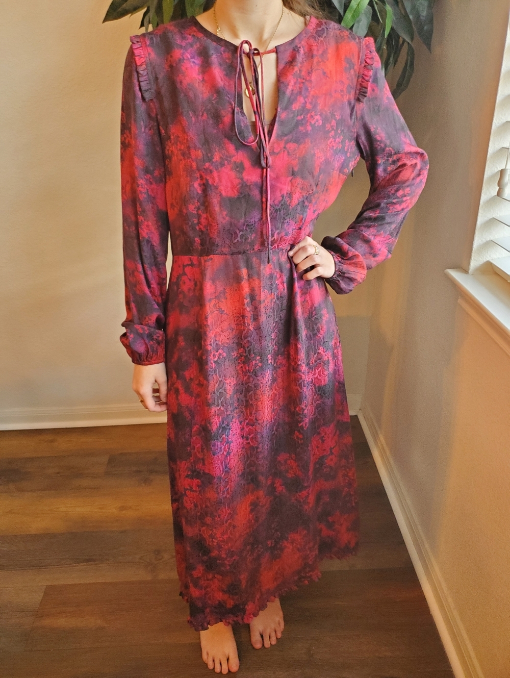 Raquel Allegra Romance Midi Dress In Bordeaux Flowers Sz 0